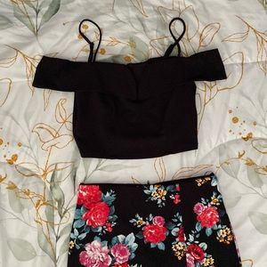 Black off the shoulders Top and long Floral Skirt w/ slit